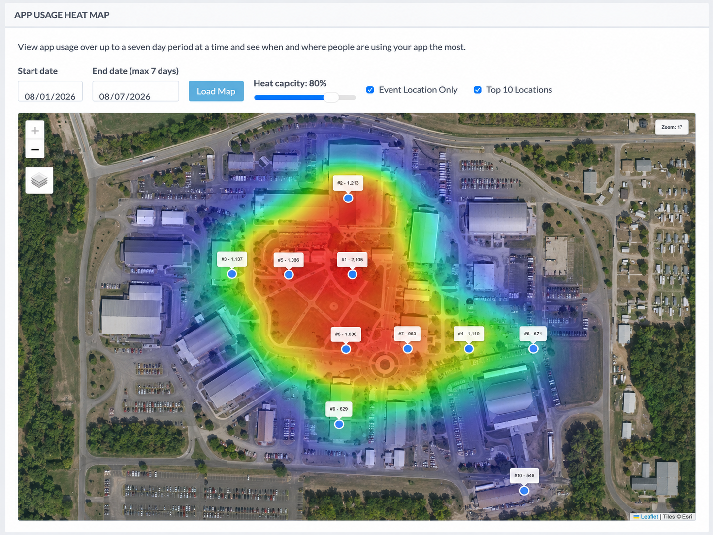 Grandstand heatmap example showing the geographic distribution of recorded app activity