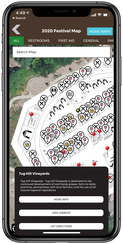 Graphical food and beverage festival map with a selected vineyard information panel