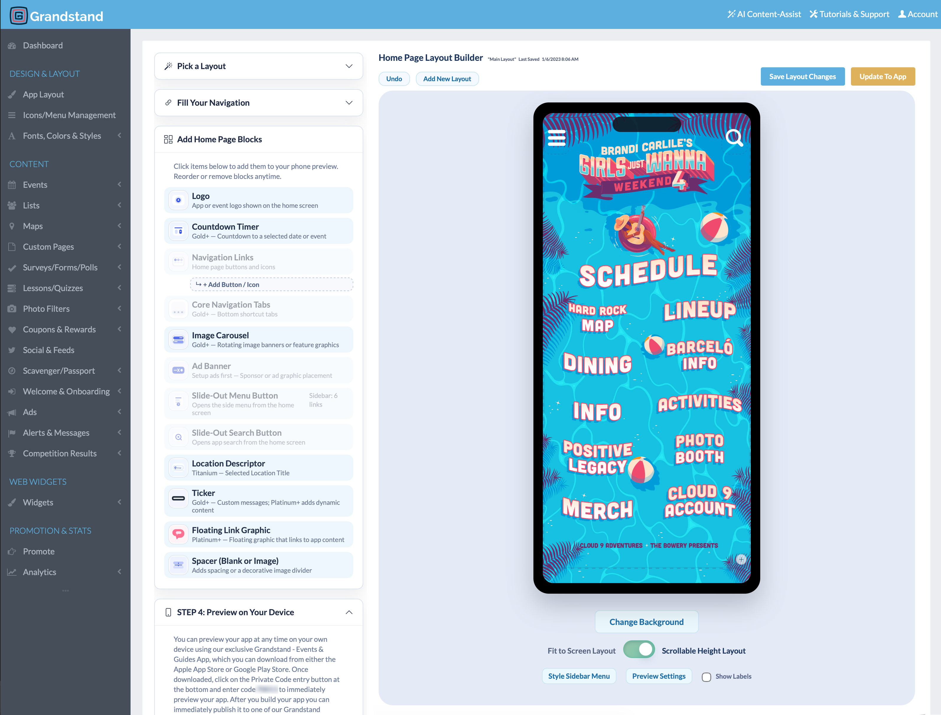 Grandstand Admin Home Page Builder controls beside an app home-screen preview