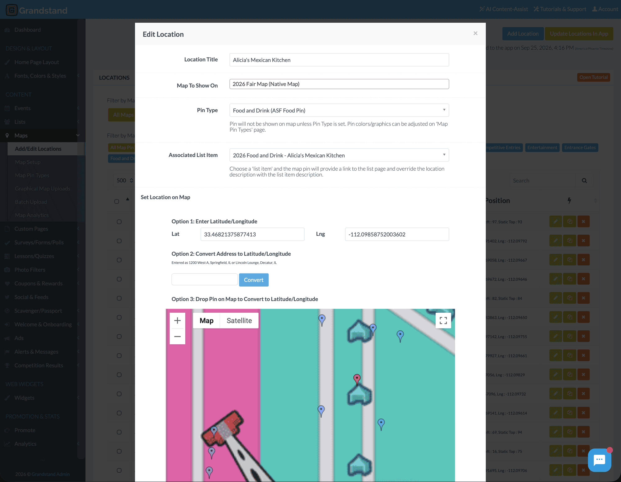 Arizona State Fair map-location editor modal in Grandstand Admin with map, pin, listing, address, and coordinate controls