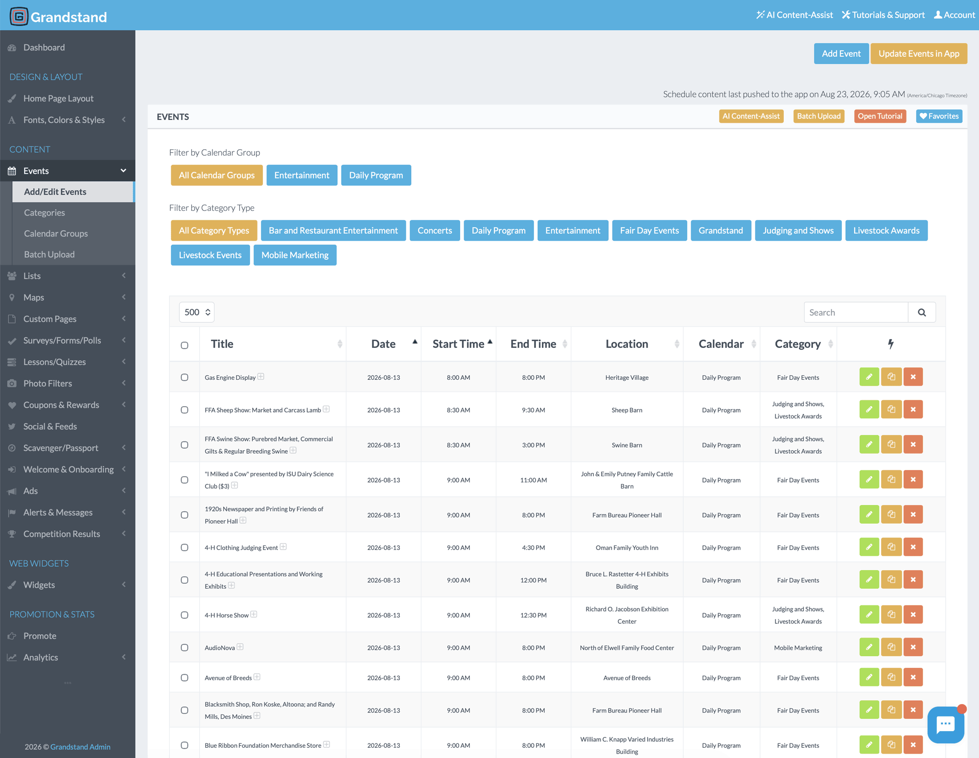 Iowa State Fair schedule management screen in Grandstand Admin with filters, event table, and update controls