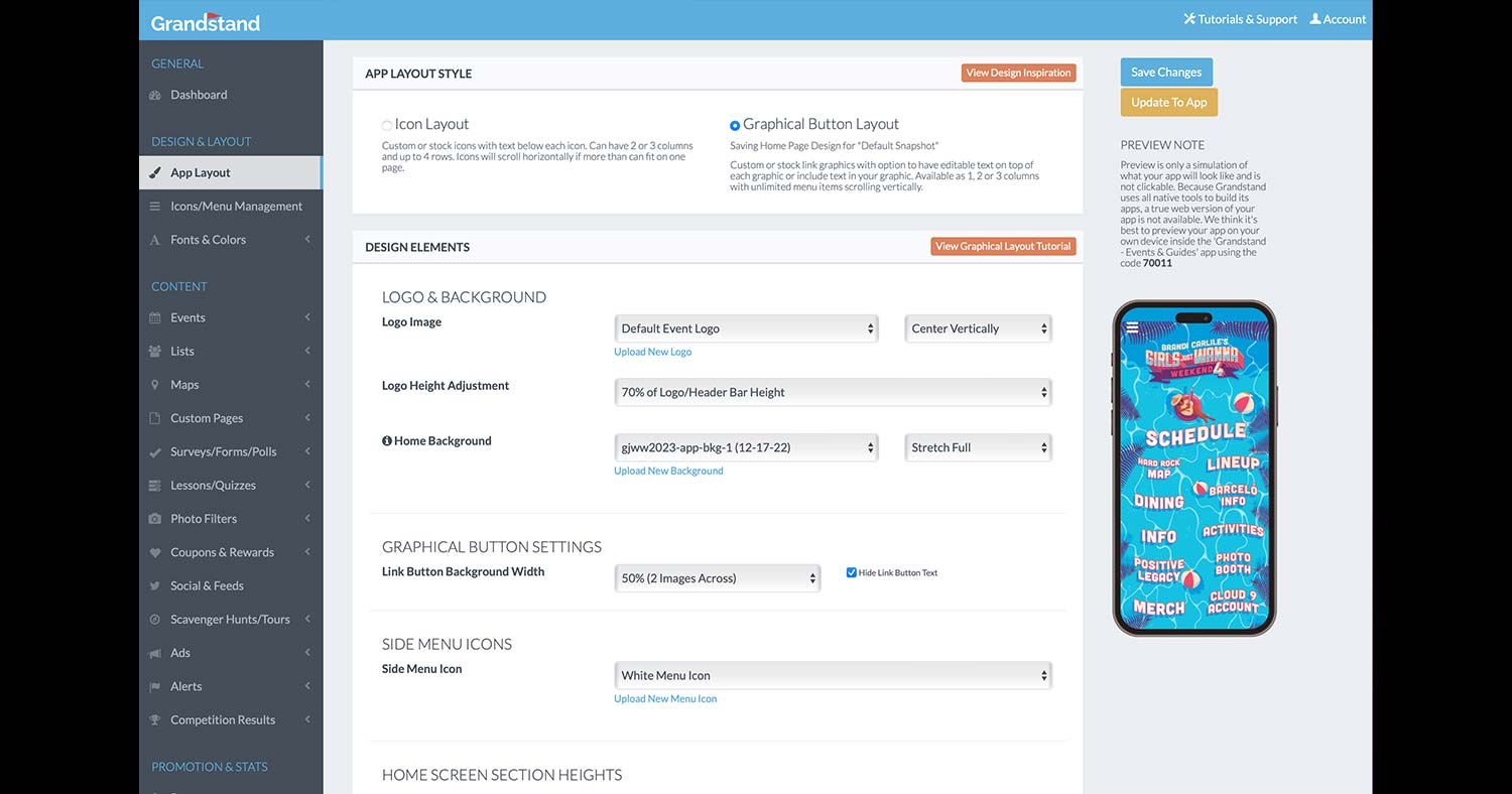 Grandstand browser-based app management tools