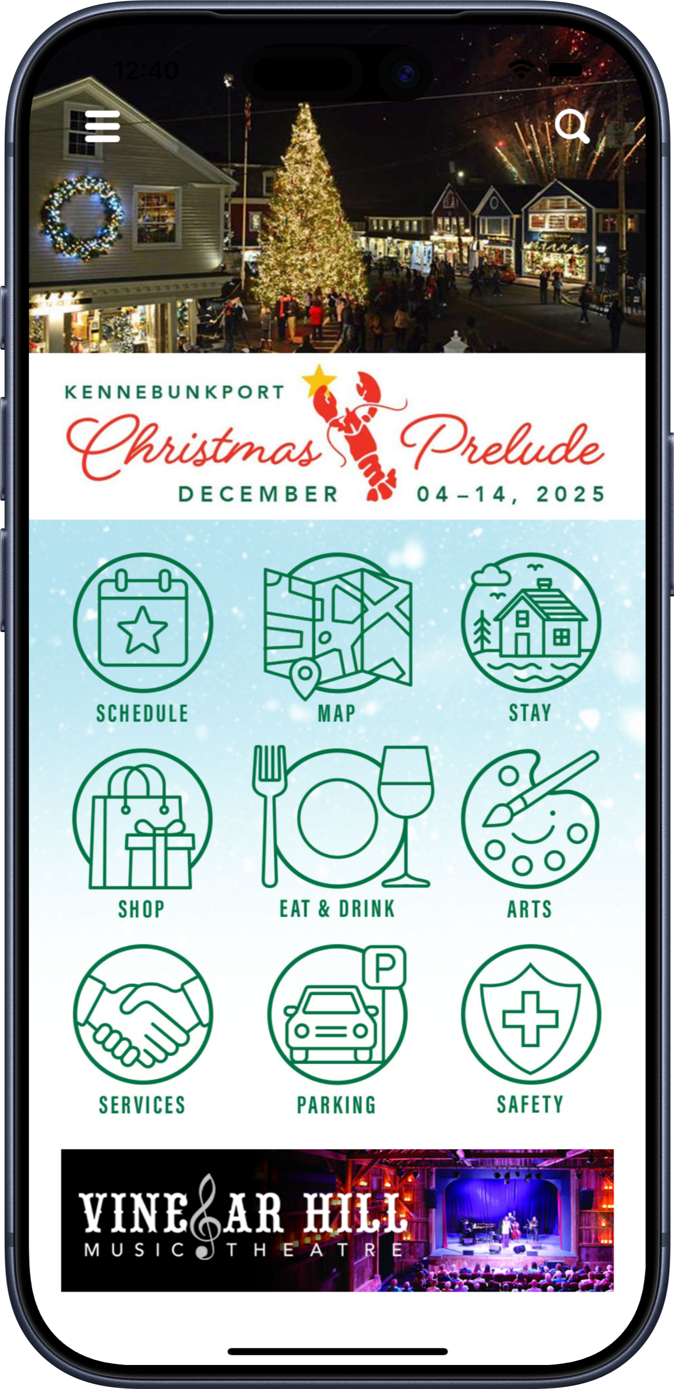Kennebunkport Christmas Prelude app home screen with schedule, map, lodging, shopping, dining, arts, parking, and visitor information.