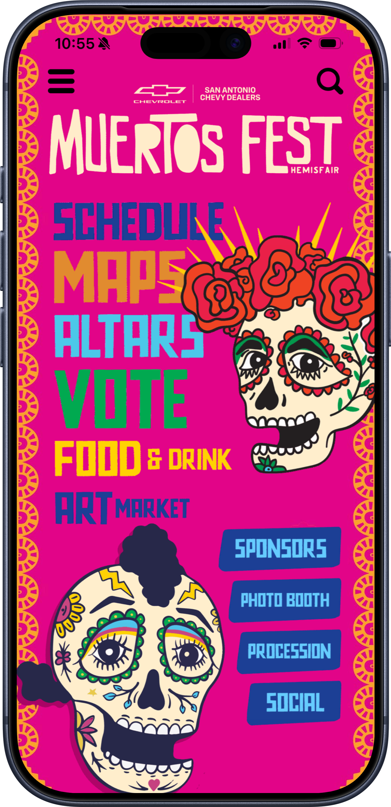 Muertos Fest app home screen with schedule, experiences, food, shopping, and map links