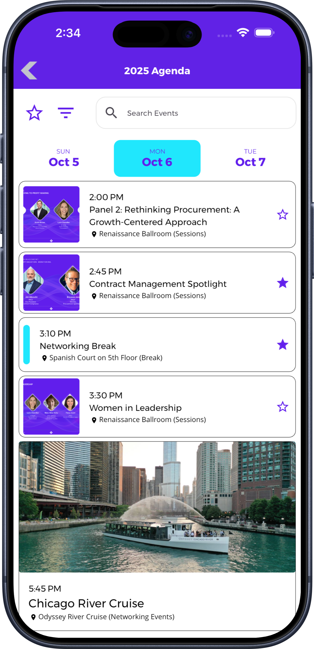 Conference schedule organized by day with session rooms and favorites