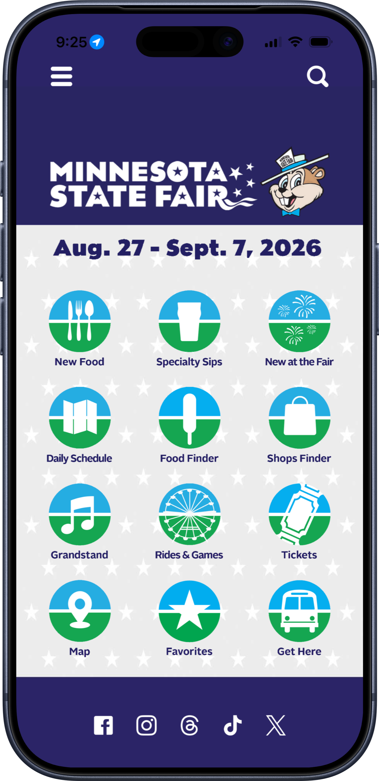 Minnesota State Fair app 2026 home screen with search, schedule, food, map, and favorites access