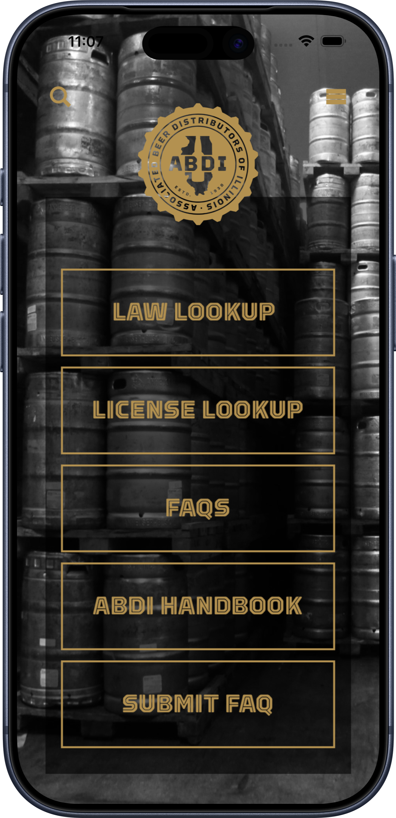 Beer distributors association app home screen
