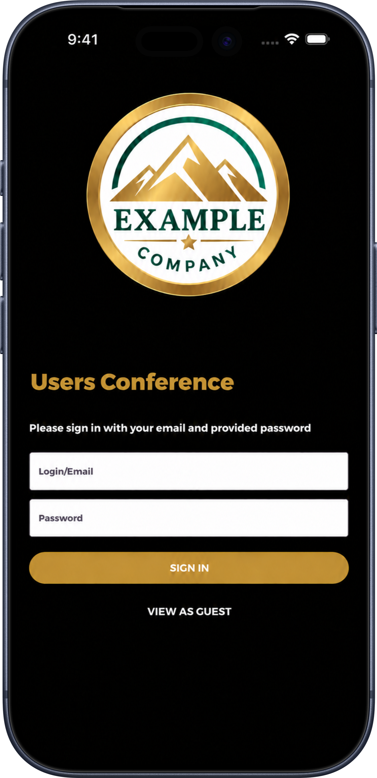 Conference app login screen for accessing personalized attendee information.