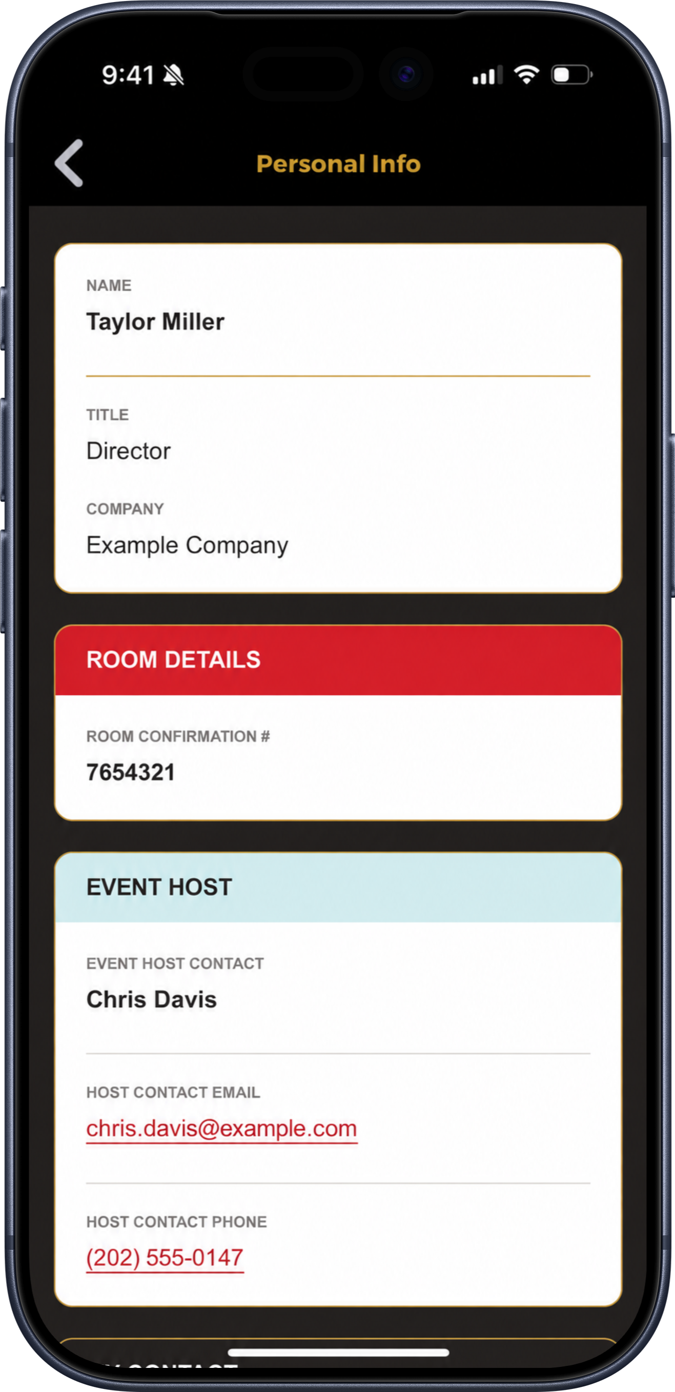 Personalized attendee information displayed inside a conference app.