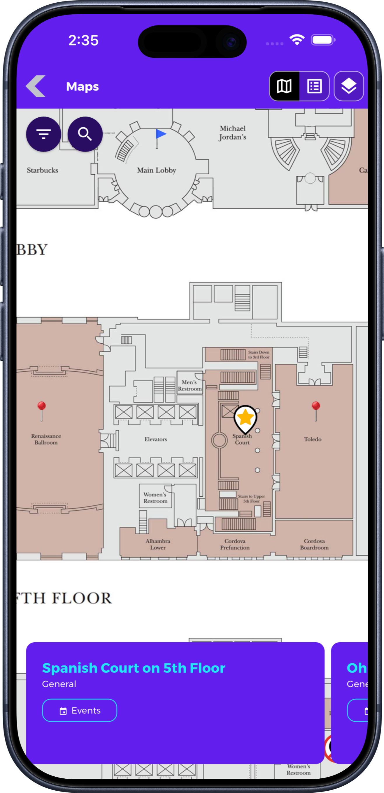 Indoor conference and exhibit-floor map with categorized location pins