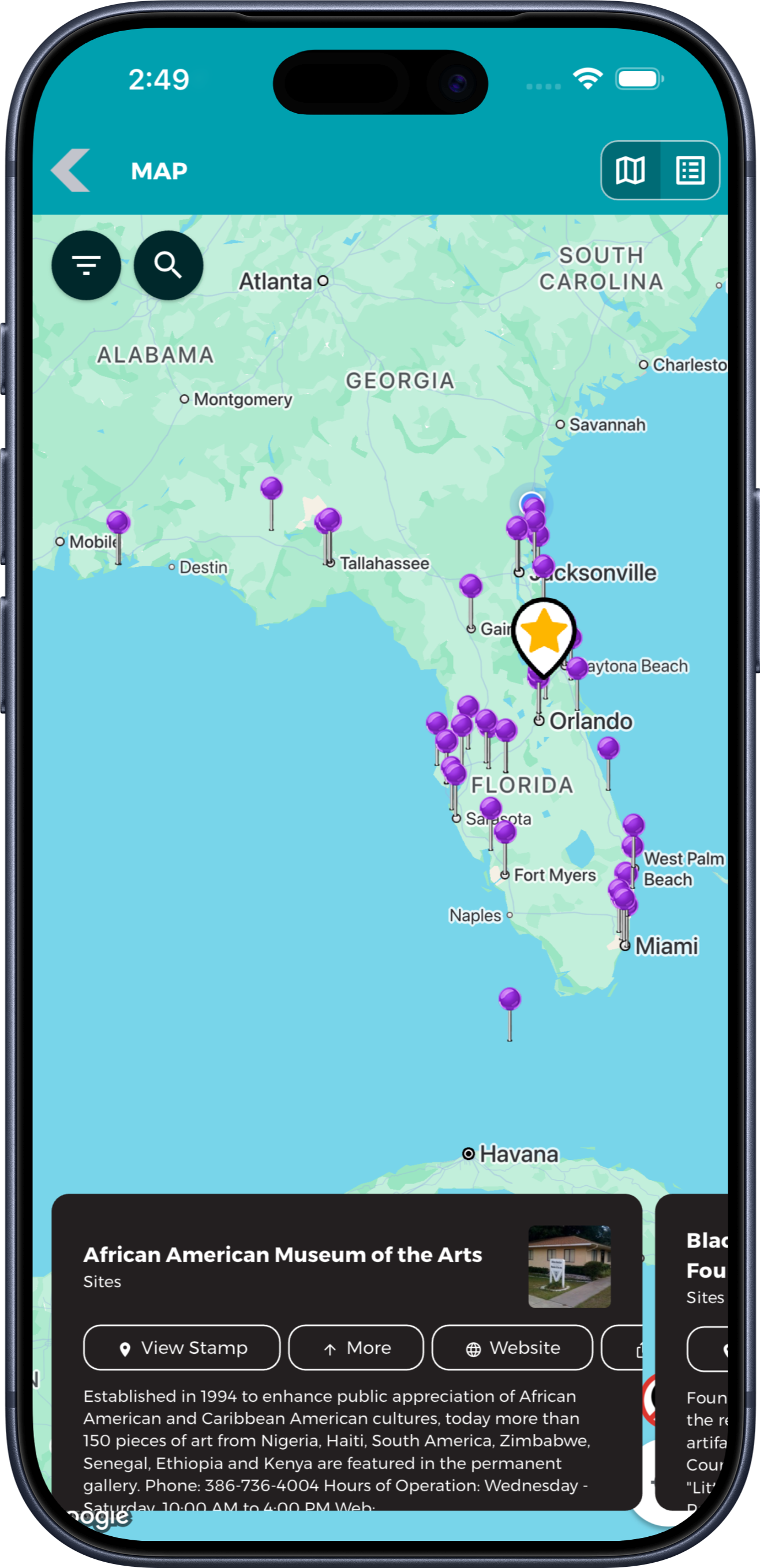 Florida Black History Museums map showing participating sites and a museum information panel.