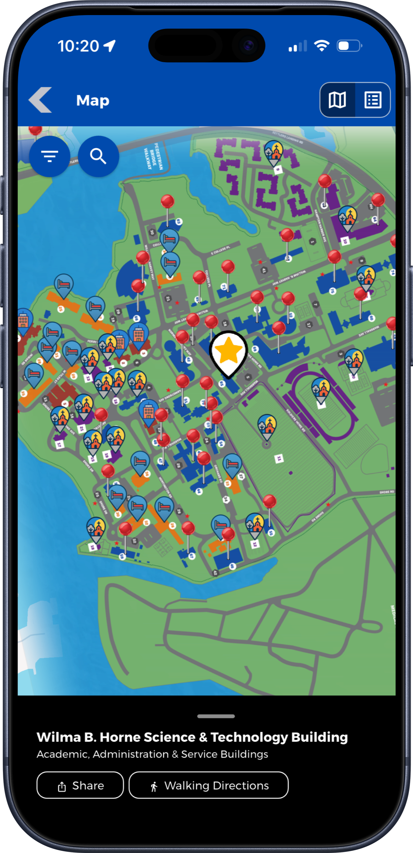 Hampton University campus map in the multi-event app