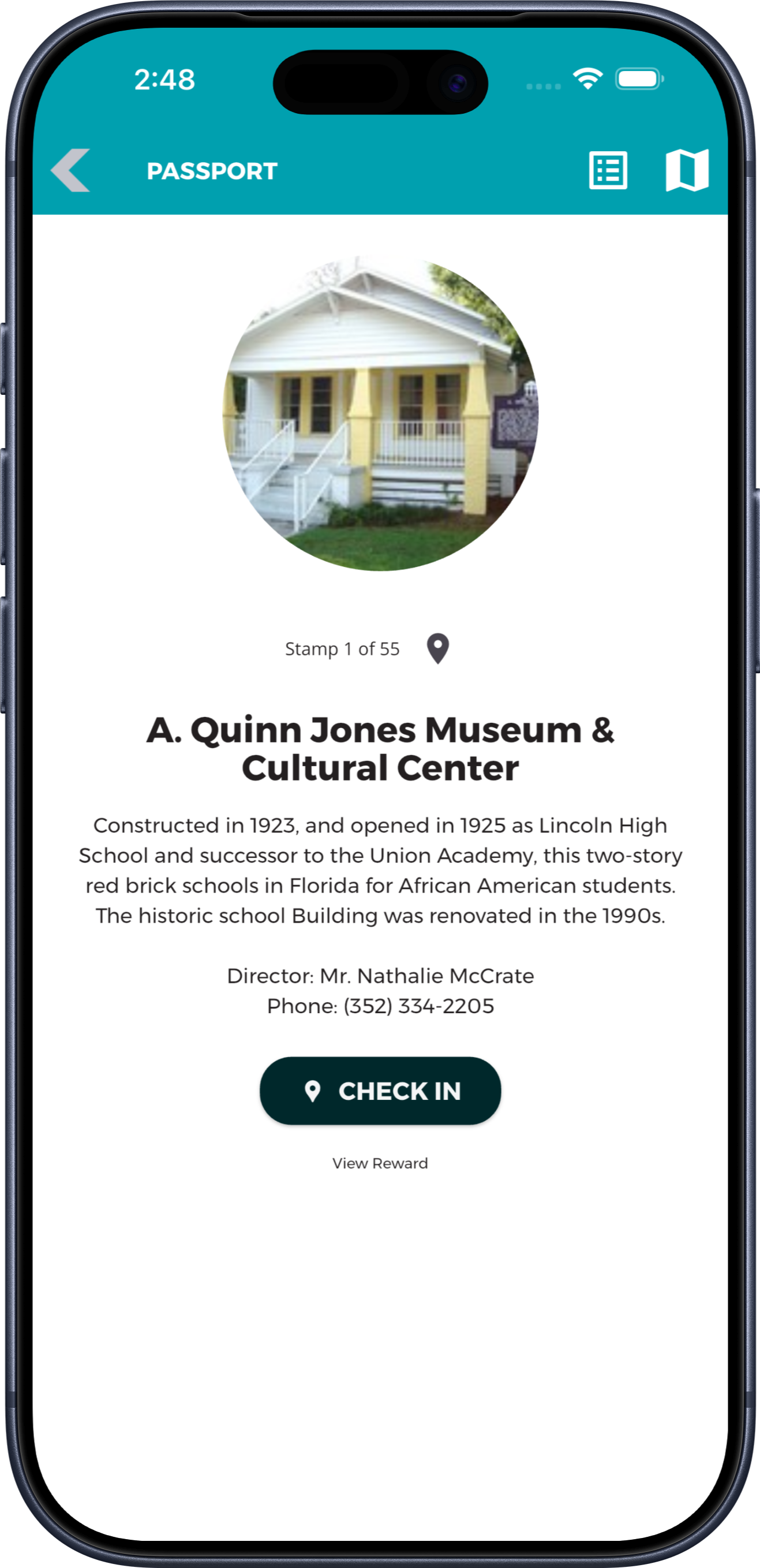 Florida Black History Museums passport stop for A. Quinn Jones Museum & Cultural Center with historical information and a check-in button.